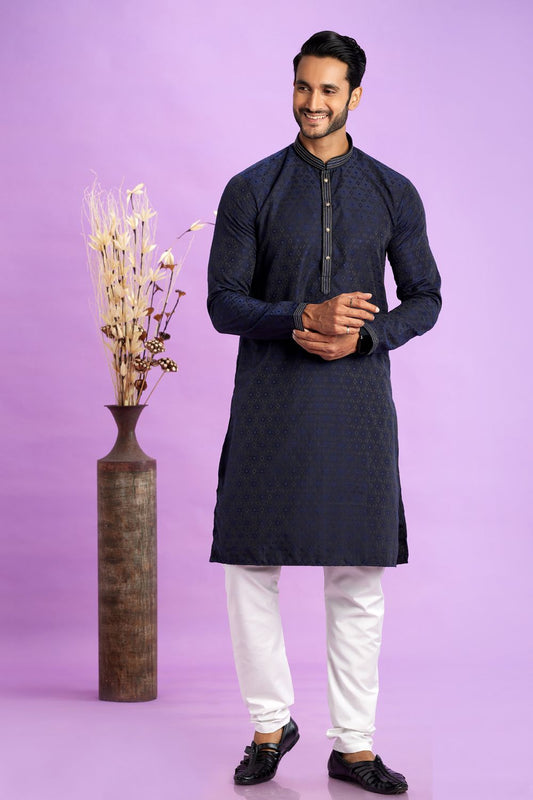 Blue Jaquard Silk Kurta Pajama (NMK-7574) - Nihal Fashions