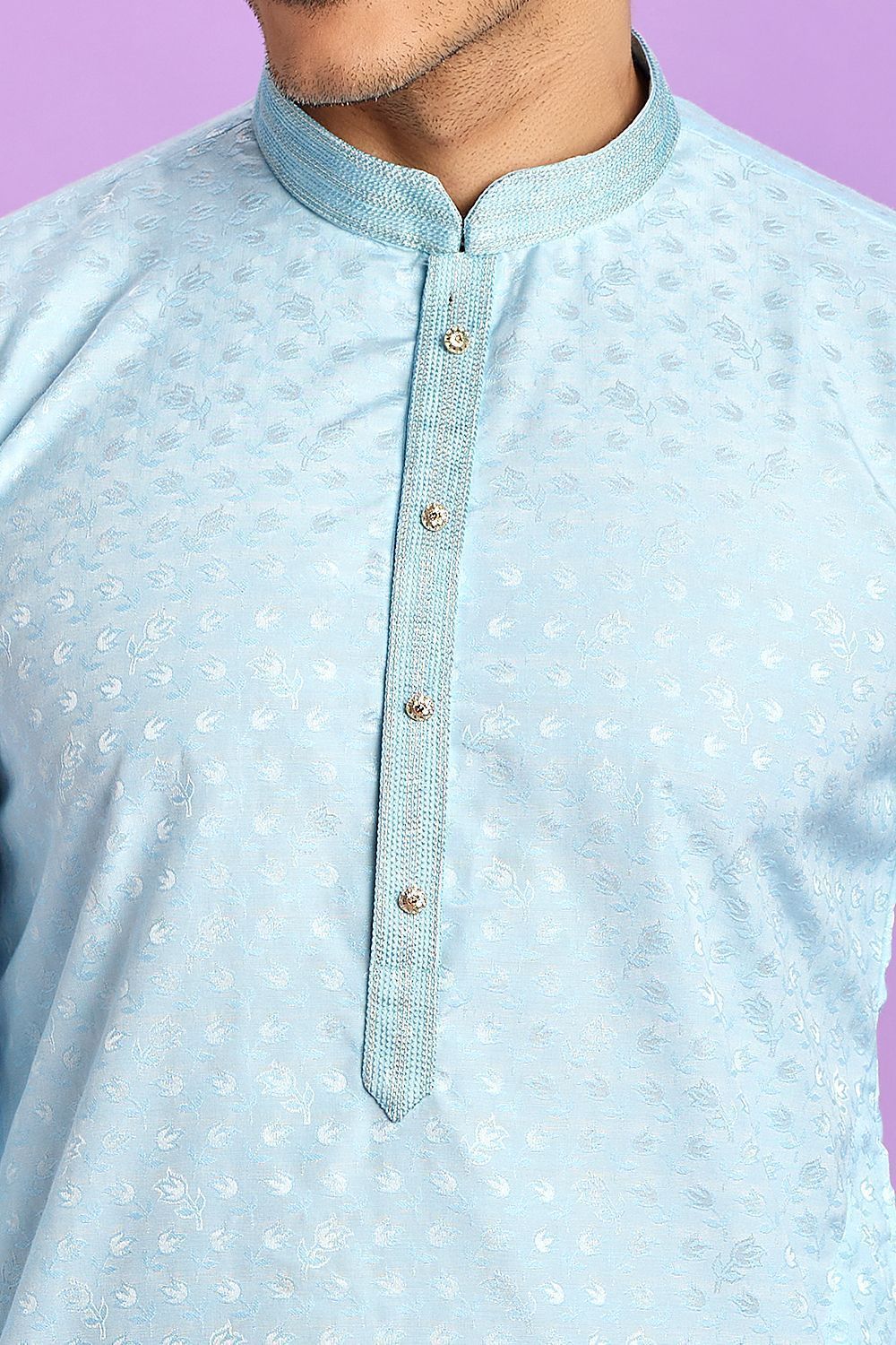Blue Jaquard Silk Mens Kurta Pajama (NMK-7567) - Nihal Fashions