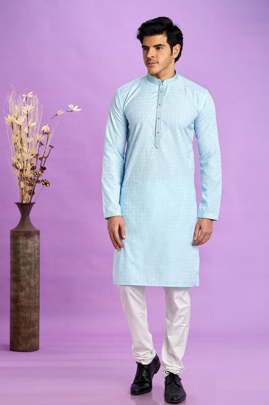 Blue Jaquard Silk Mens Kurta Pajama (NMK-7567) - Nihal Fashions