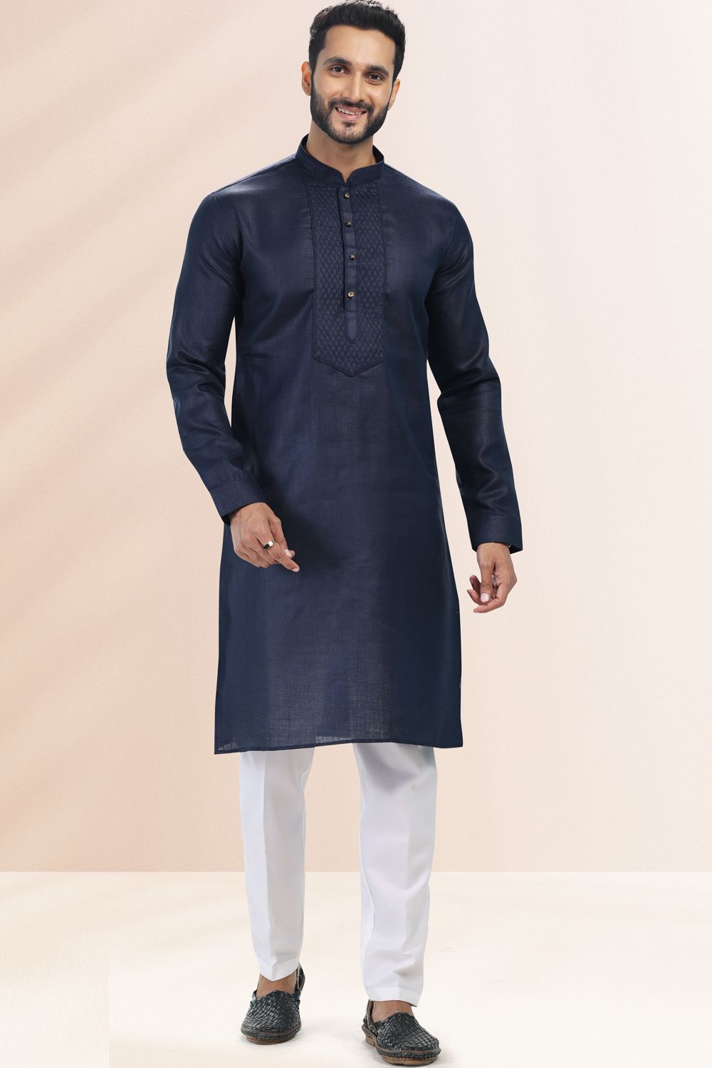 Blue Linen Cotton Kurta Pajama (NMK-6734) - Nihal Fashions