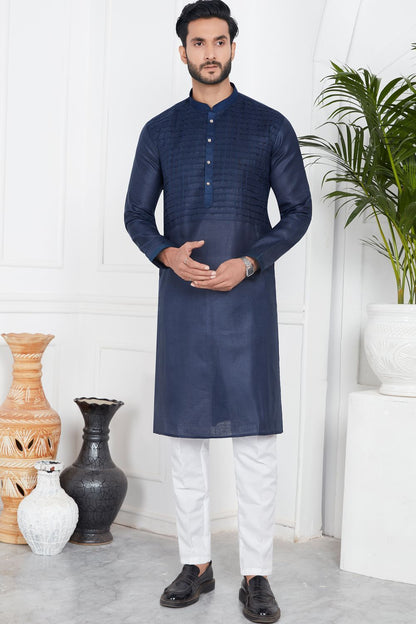 Blue Linen Cotton Kurta Pajama (NMK-7584) - Nihal Fashions