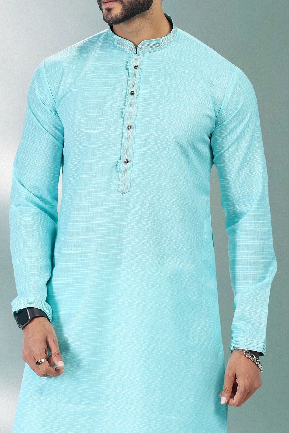 Blue Linen Cotton Mens Kurta Pajama (NMK-6740) - Nihal Fashions