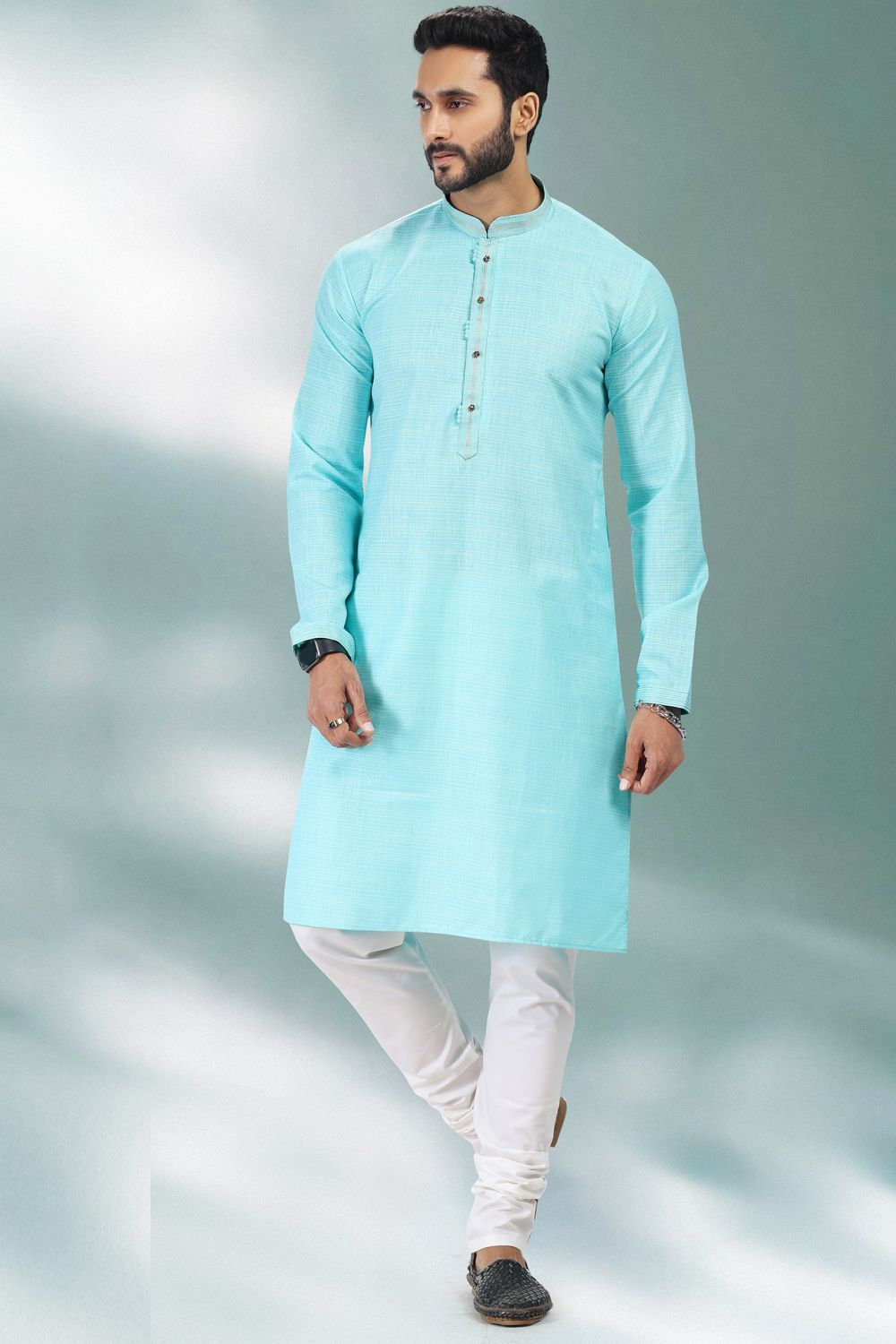Blue Linen Cotton Mens Kurta Pajama (NMK-6740) - Nihal Fashions