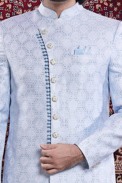 Blue Mens Banarasi Jaquard Indo Western (NMK-8563) - Nihal Fashions