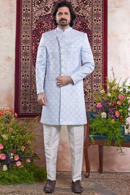Blue Mens Banarasi Jaquard Indo Western (NMK-8563) - Nihal Fashions
