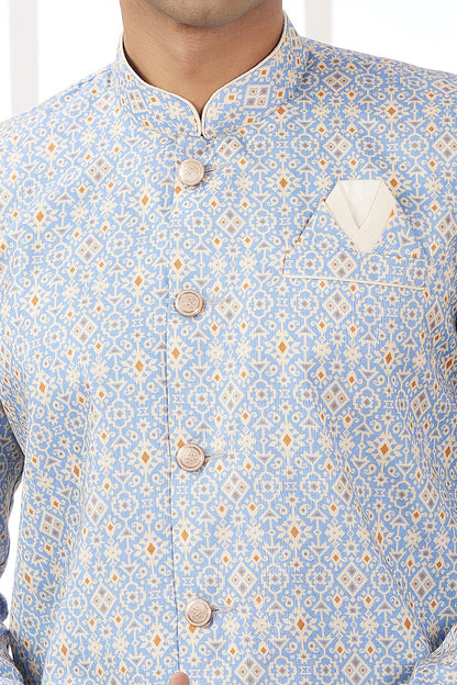 Blue Mens Banarasi Jaquard Indo Western (NMK-8594) - Nihal Fashions