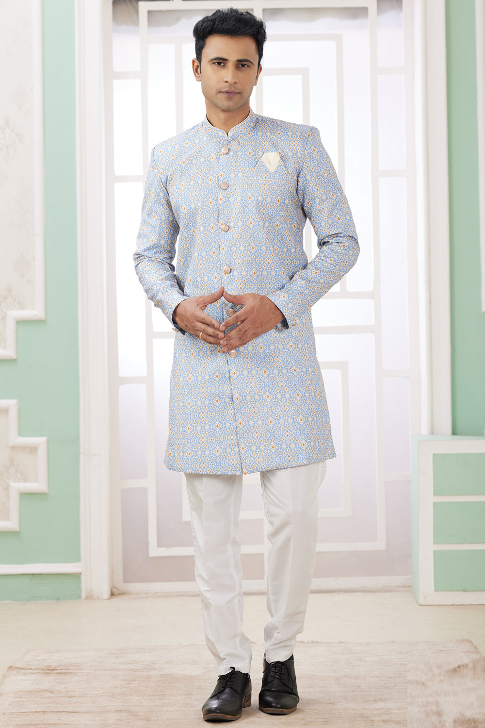 Blue Mens Banarasi Jaquard Indo Western (NMK-8594) - Nihal Fashions