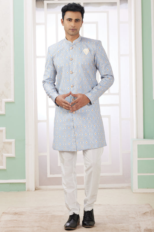Blue Mens Banarasi Jaquard Indo Western (NMK-8594) - Nihal Fashions