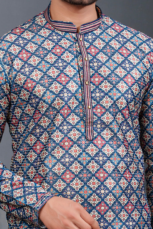 Blue Popcorn Fabric Kurta Pajama (NMK-8768) - Nihal Fashions