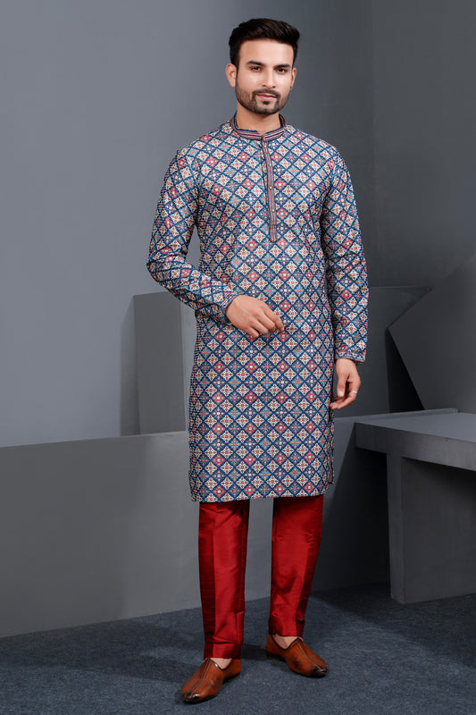Blue Popcorn Fabric Kurta Pajama (NMK-8768) - Nihal Fashions