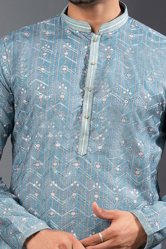 Blue Printed Cotton Silk Kurta Pajama (NMK-8711) - Nihal Fashions
