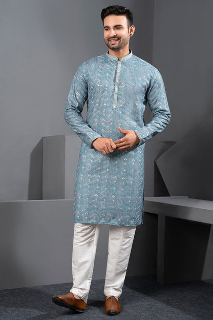 Blue Printed Cotton Silk Kurta Pajama (NMK-8711) - Nihal Fashions