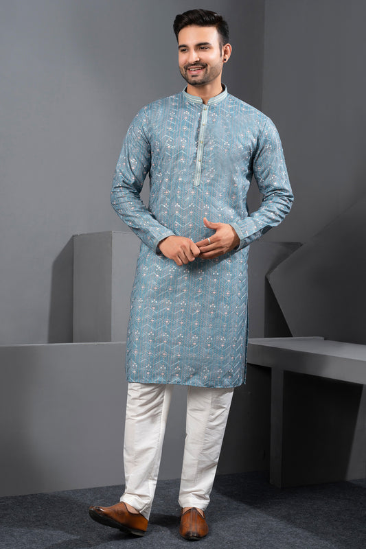 Blue Printed Cotton Silk Kurta Pajama (NMK-8711) - Nihal Fashions