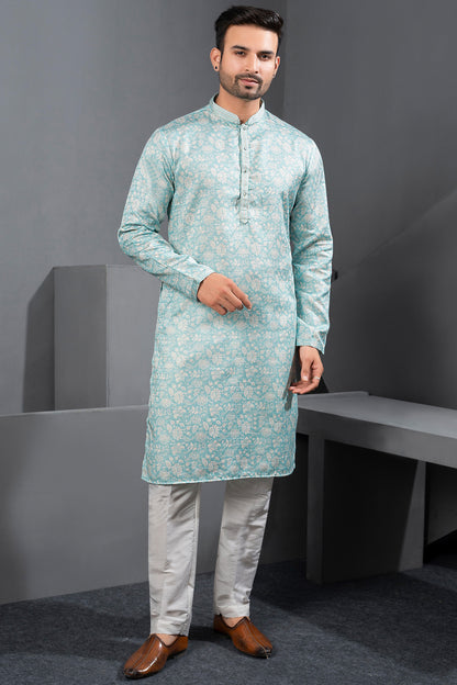 Blue Printed Cotton Silk Kurta Pajama (NMK-8725) - Nihal Fashions