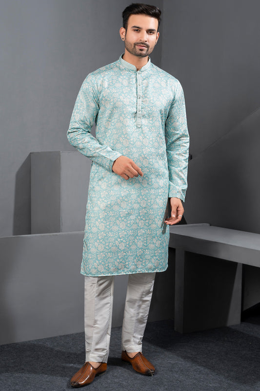 Blue Printed Cotton Silk Kurta Pajama (NMK-8725) - Nihal Fashions