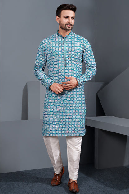 Blue Printed Cotton Silk Kurta Pajama (NMK-8772) - Nihal Fashions