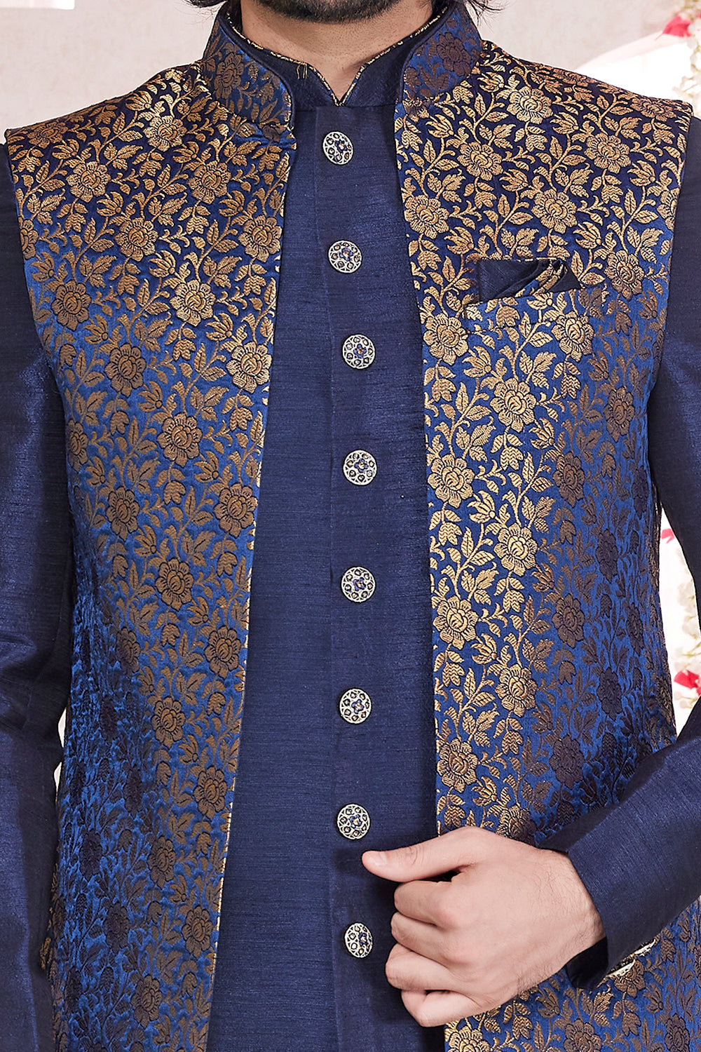 Blue Silk 3 piece Jaquard Jacket Set (NMK-8420) - Nihal Fashions