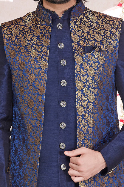 Blue Silk 3 piece Jaquard Jacket Set (NMK-8420) - Nihal Fashions
