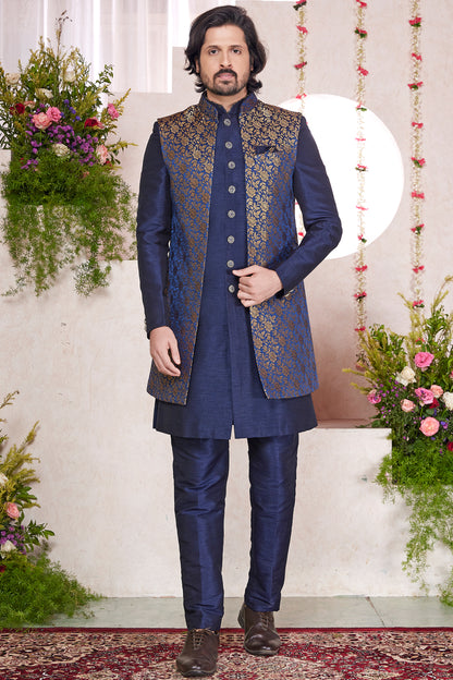 Blue Silk 3 piece Jaquard Jacket Set (NMK-8420) - Nihal Fashions