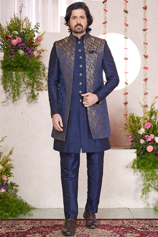 Blue Silk 3 piece Jaquard Jacket Set (NMK-8420) - Nihal Fashions