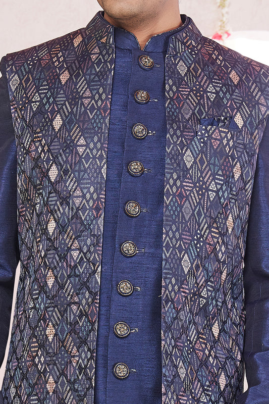 Blue Silk Digital Print 3 piece Jacket Set (NMK-8416) - Nihal Fashions