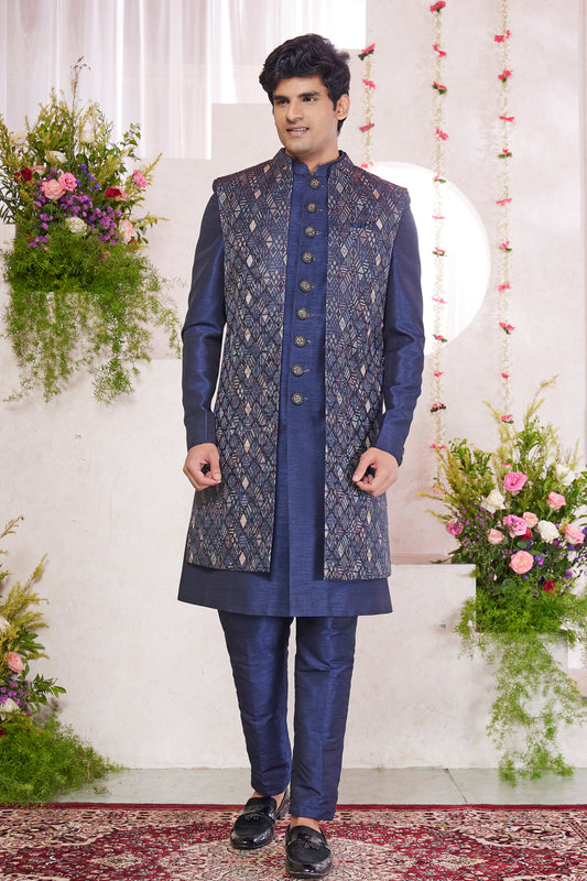 Blue Silk Digital Print 3 piece Jacket Set (NMK-8416) - Nihal Fashions