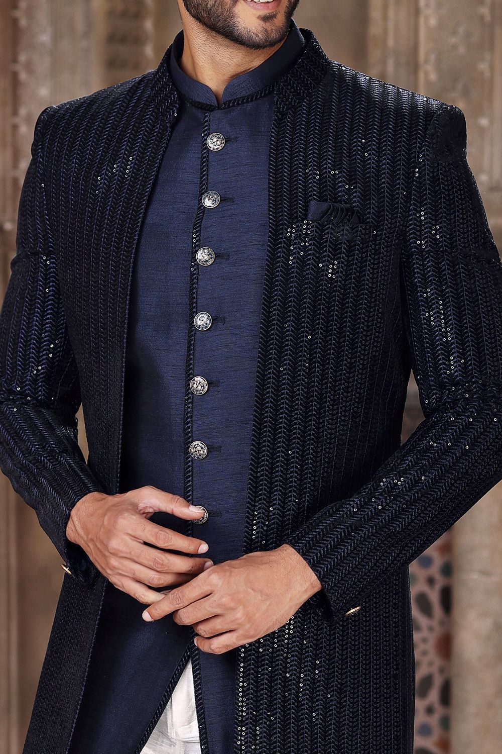 Blue Velvet Art Silk Indo Western for Men (NMK-6845) - Nihal Fashions