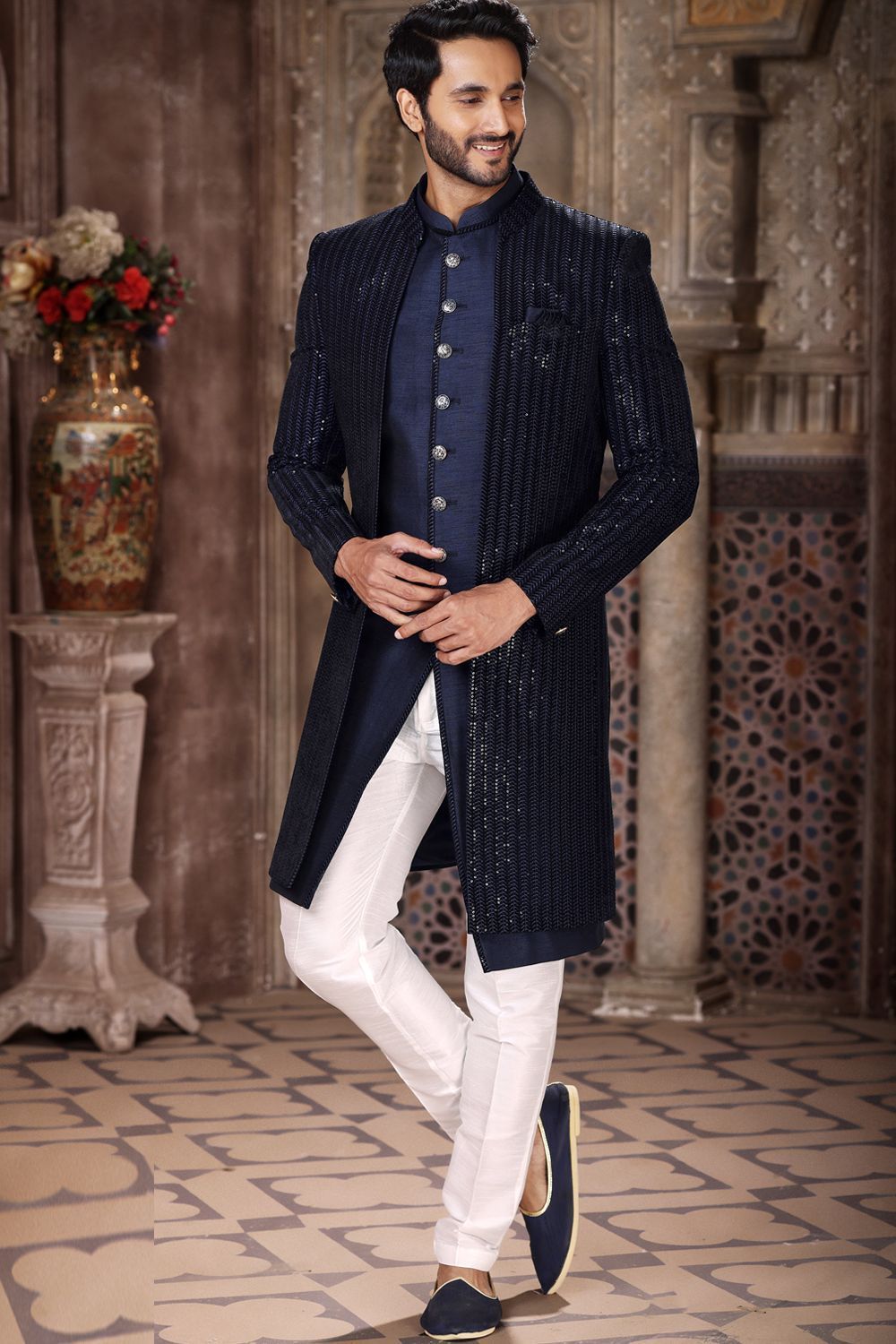 Blue Velvet Art Silk Indo Western for Men (NMK-6845) - Nihal Fashions