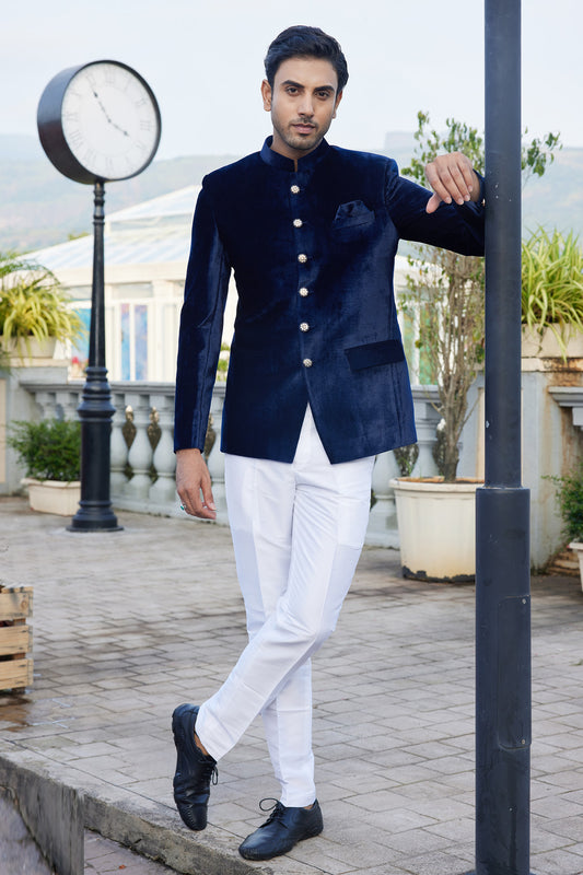 Blue Velvet Jodhpuri for Men (NMK-8228) - Nihal Fashions