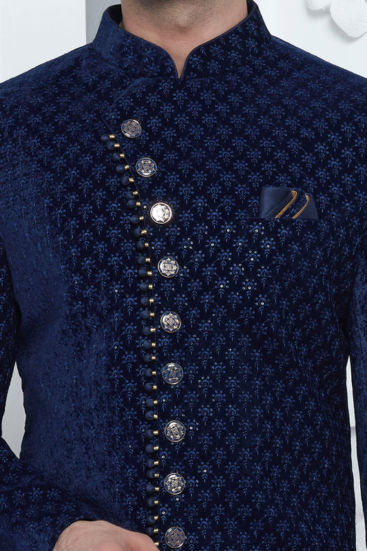 Blue Velvet Silk Mens Sherwani (NMK-7882) - Nihal Fashions