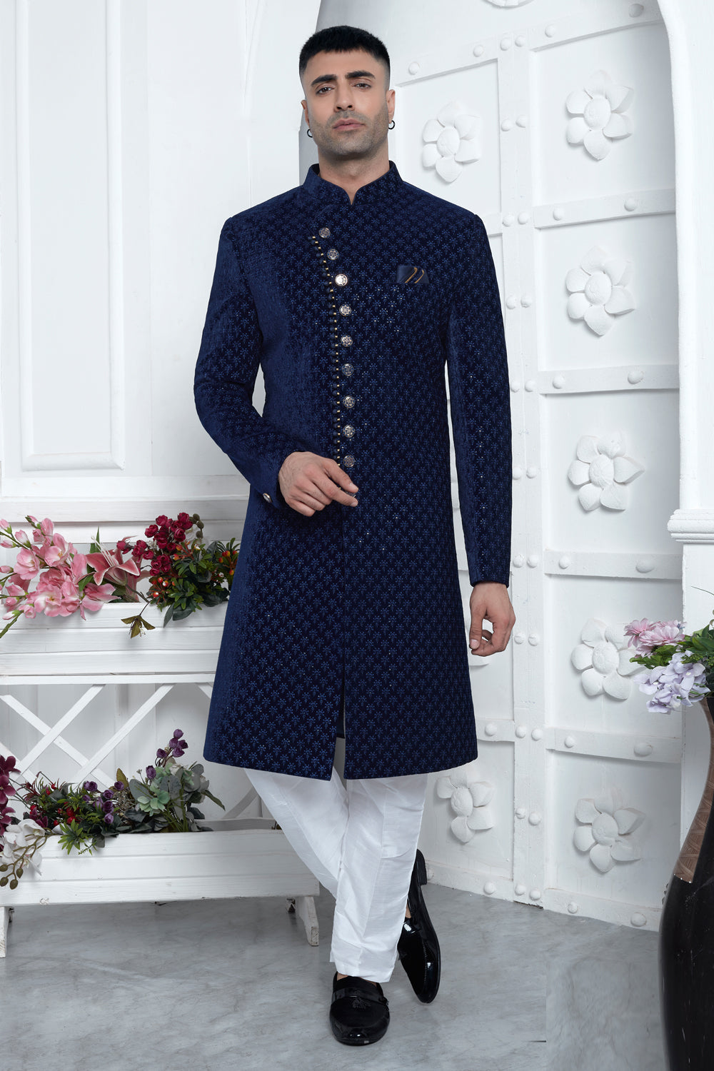 Blue Velvet Silk Mens Sherwani (NMK-7882) - Nihal Fashions