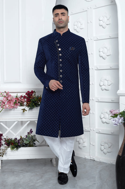 Blue Velvet Silk Mens Sherwani (NMK-7882) - Nihal Fashions