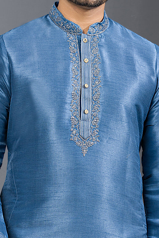 Blueish Grey Banglori Silk Kurta Pajama (NMK-8742) - Nihal Fashions