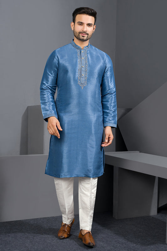 Blueish Grey Banglori Silk Kurta Pajama (NMK-8742) - Nihal Fashions