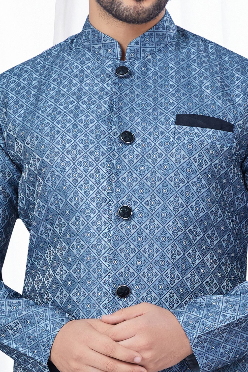 Blueish Grey Jaquard Indo Western (NMK-7865) - Nihal Fashions