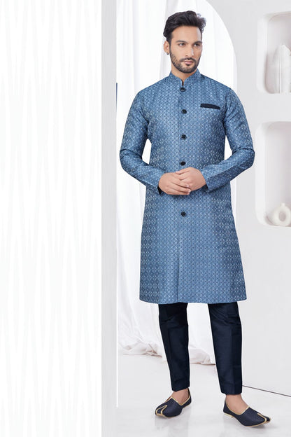 Blueish Grey Jaquard Indo Western (NMK-7865) - Nihal Fashions