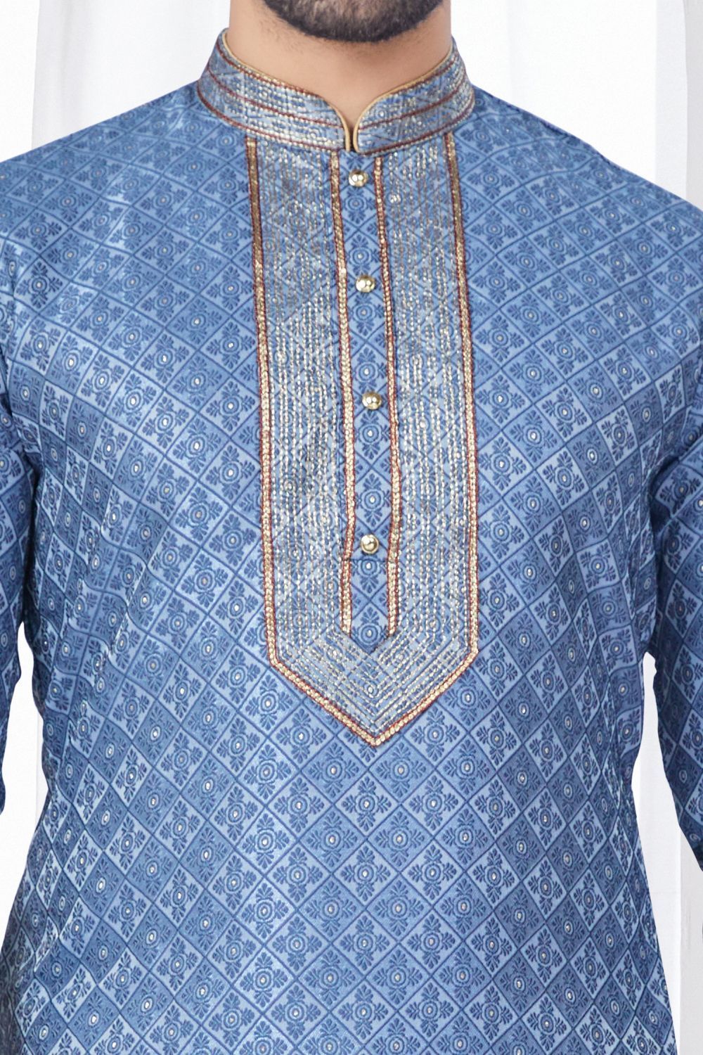 Blueish Grey Jaquard Kurta Pajama (NMK-7819) - Nihal Fashions