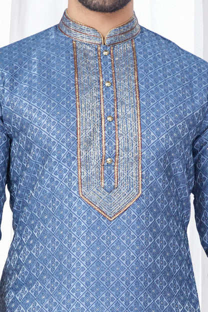 Blueish Grey Jaquard Kurta Pajama (NMK-7819) - Nihal Fashions