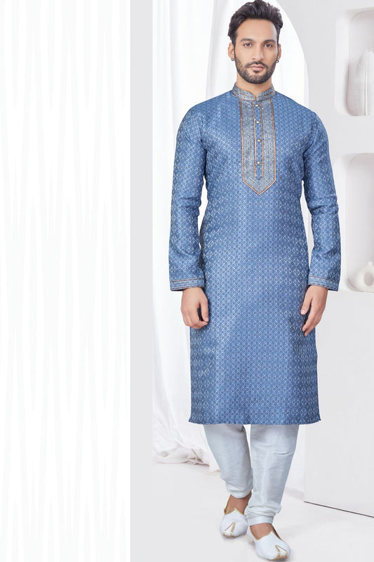 Blueish Grey Jaquard Kurta Pajama (NMK-7819) - Nihal Fashions