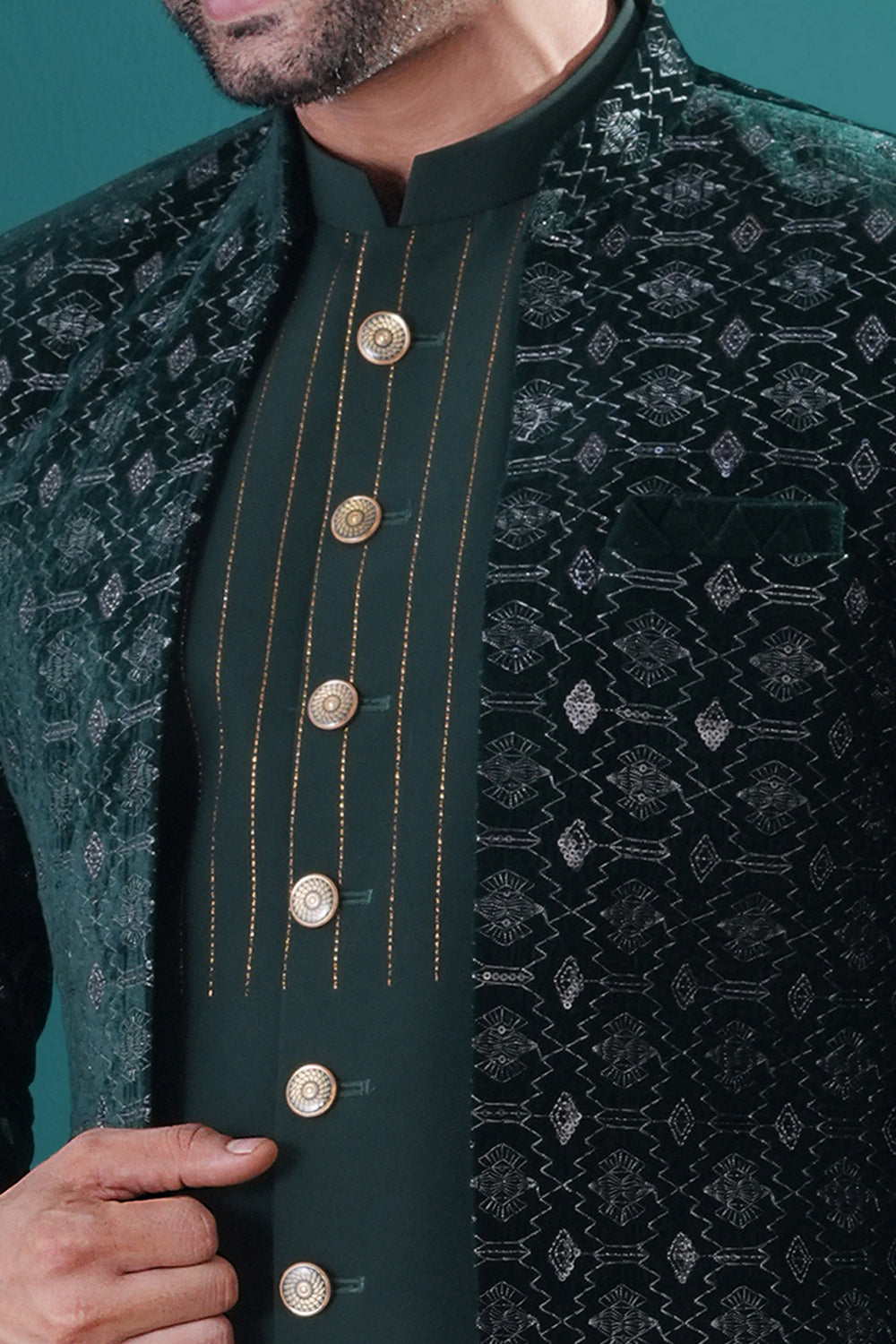 Bottle Green Imported kurta with jacket (NMK-8448) - Nihal Fashions