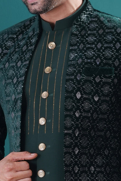 Bottle Green Imported kurta with jacket (NMK-8448) - Nihal Fashions