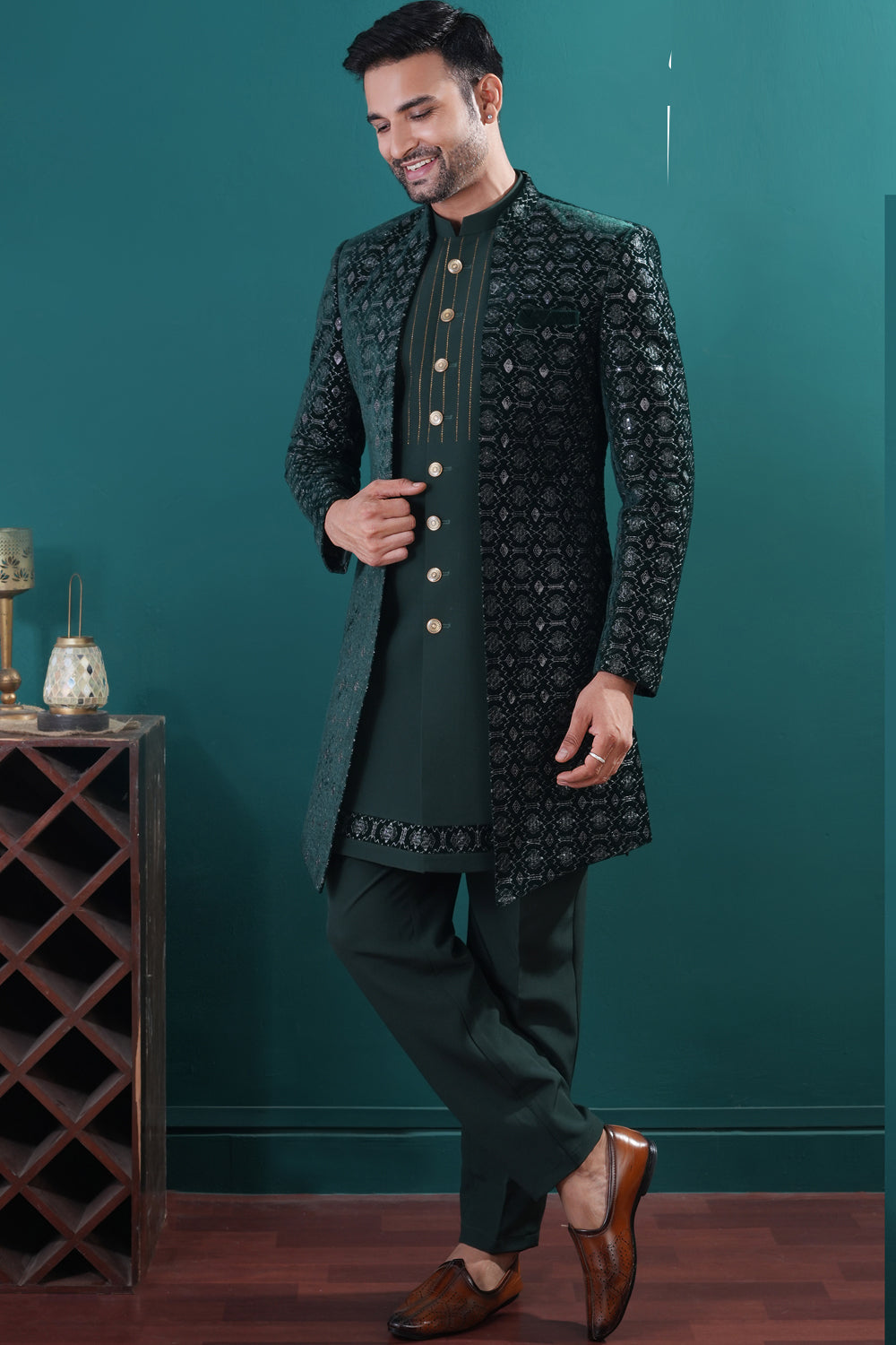 Bottle Green Imported kurta with jacket (NMK-8448) - Nihal Fashions