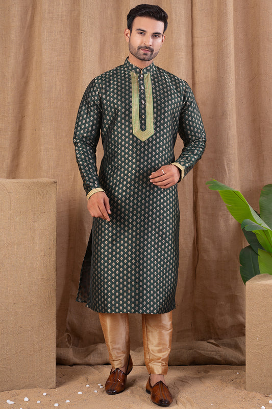 Bottle Green Jaquard Kurta Pajama (NMK-8493) - Nihal Fashions