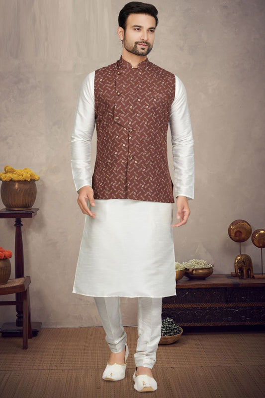 Brown Art Silk Mens Nehru Jacket (NMK-6964) - Nihal Fashions