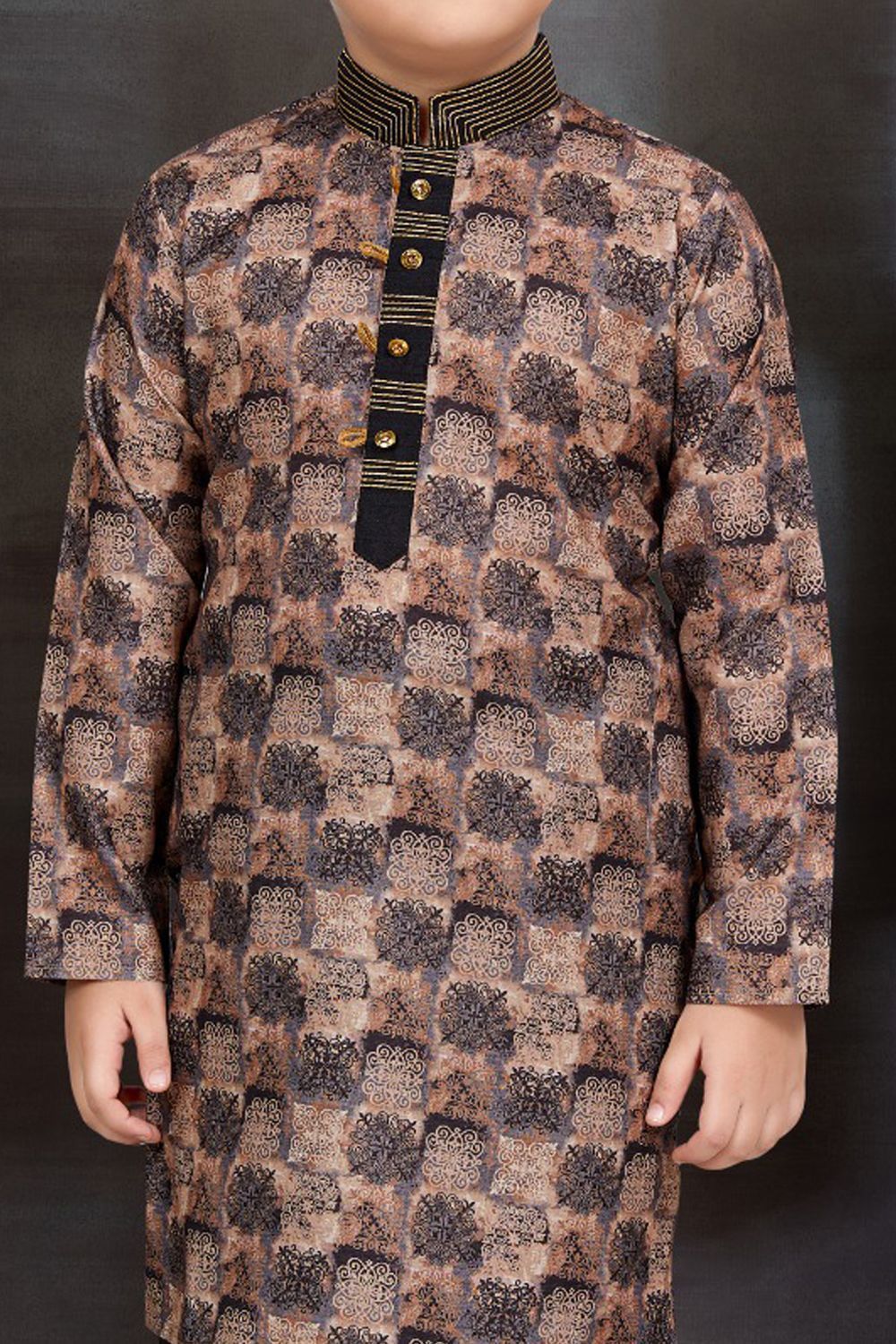 Brown Cotton Printed Boys Kurta Pajama (NKK-781) - Nihal Fashions