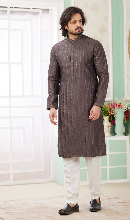 Brown Embroidered Art Silk Kurta Pajama (NMK-8362) - Nihal Fashions