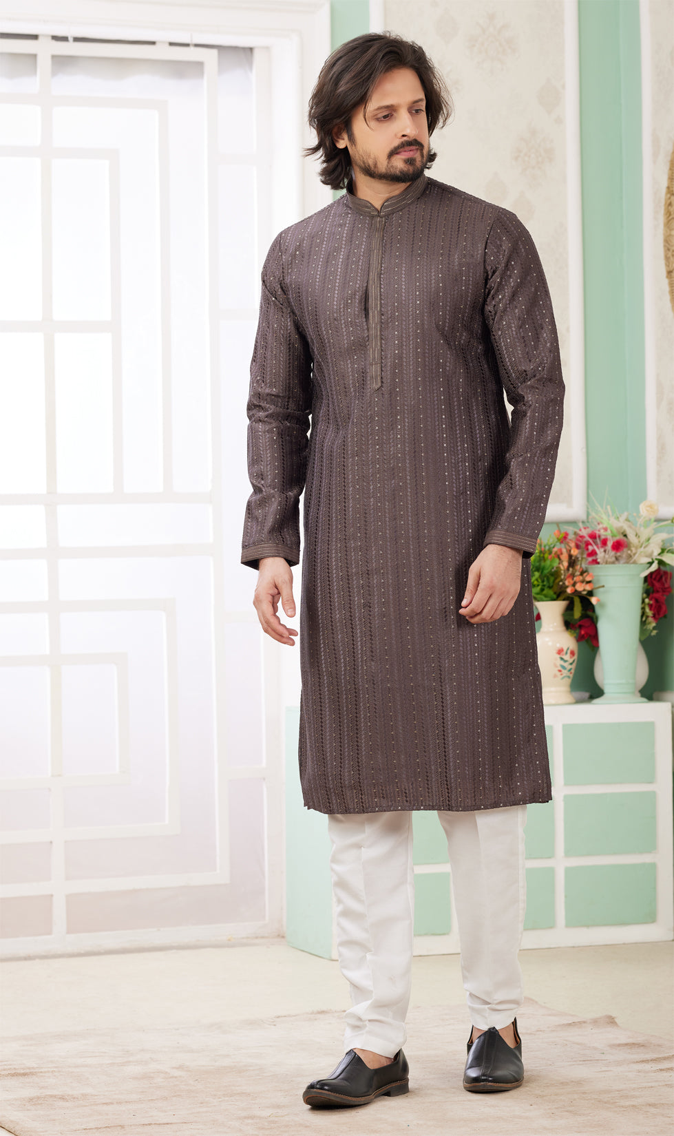 Brown Embroidered Art Silk Kurta Pajama (NMK-8362) - Nihal Fashions