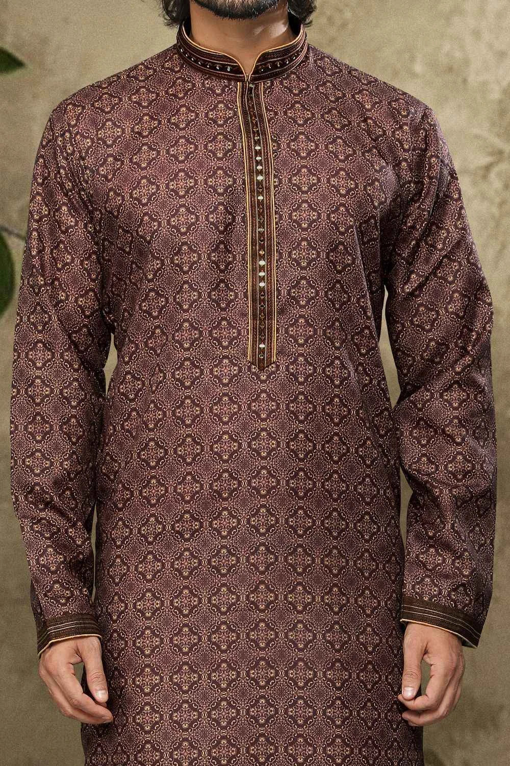 Brown hand loomed Cotton Kurta Pajama (NMK-6134)