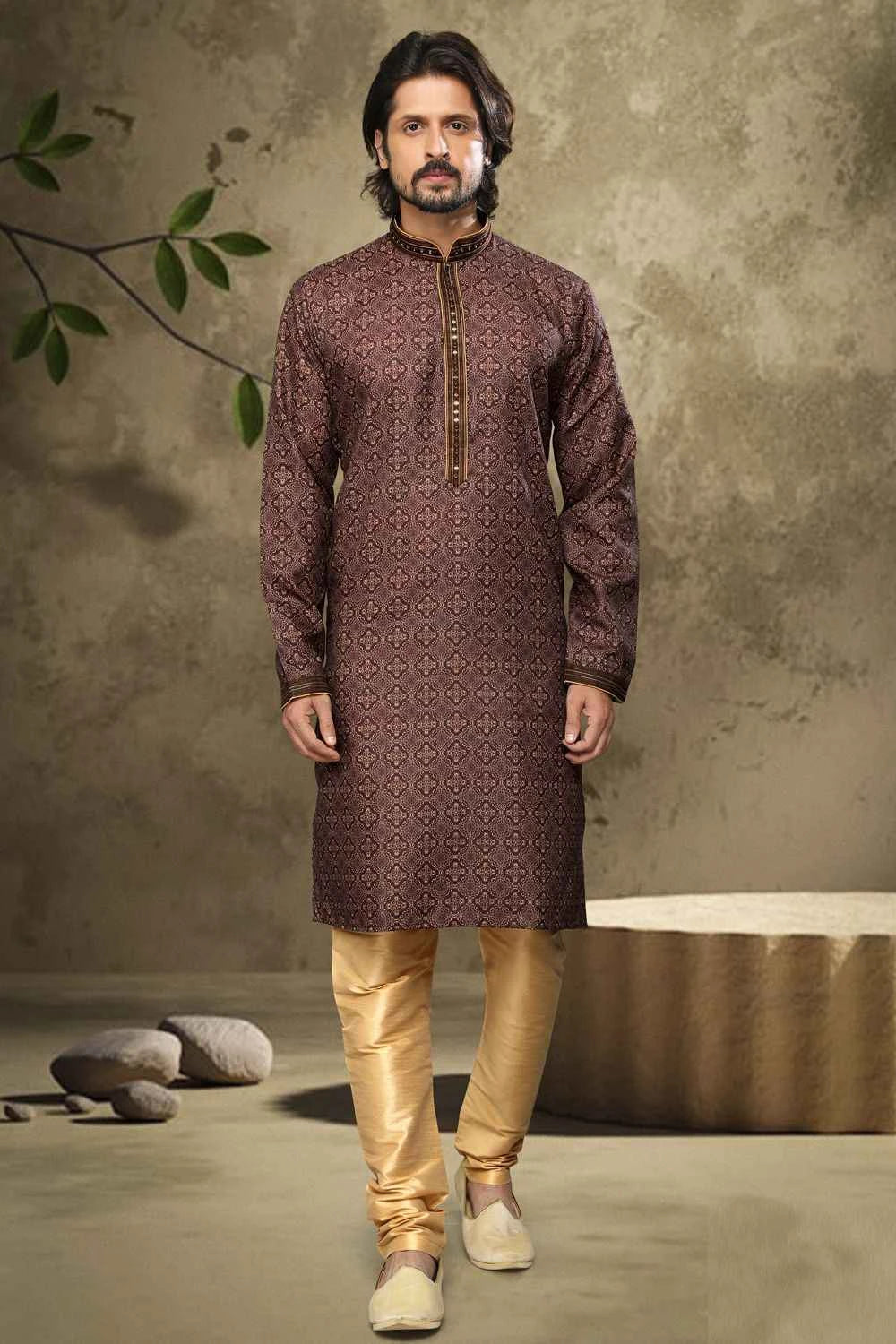 Brown hand loomed Cotton Kurta Pajama (NMK-6134)
