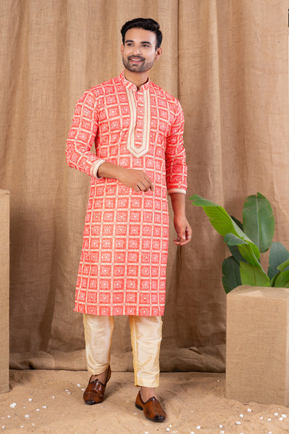 Carrot Red Cotton Kurta Pajama (NMK-8524) - Nihal Fashions